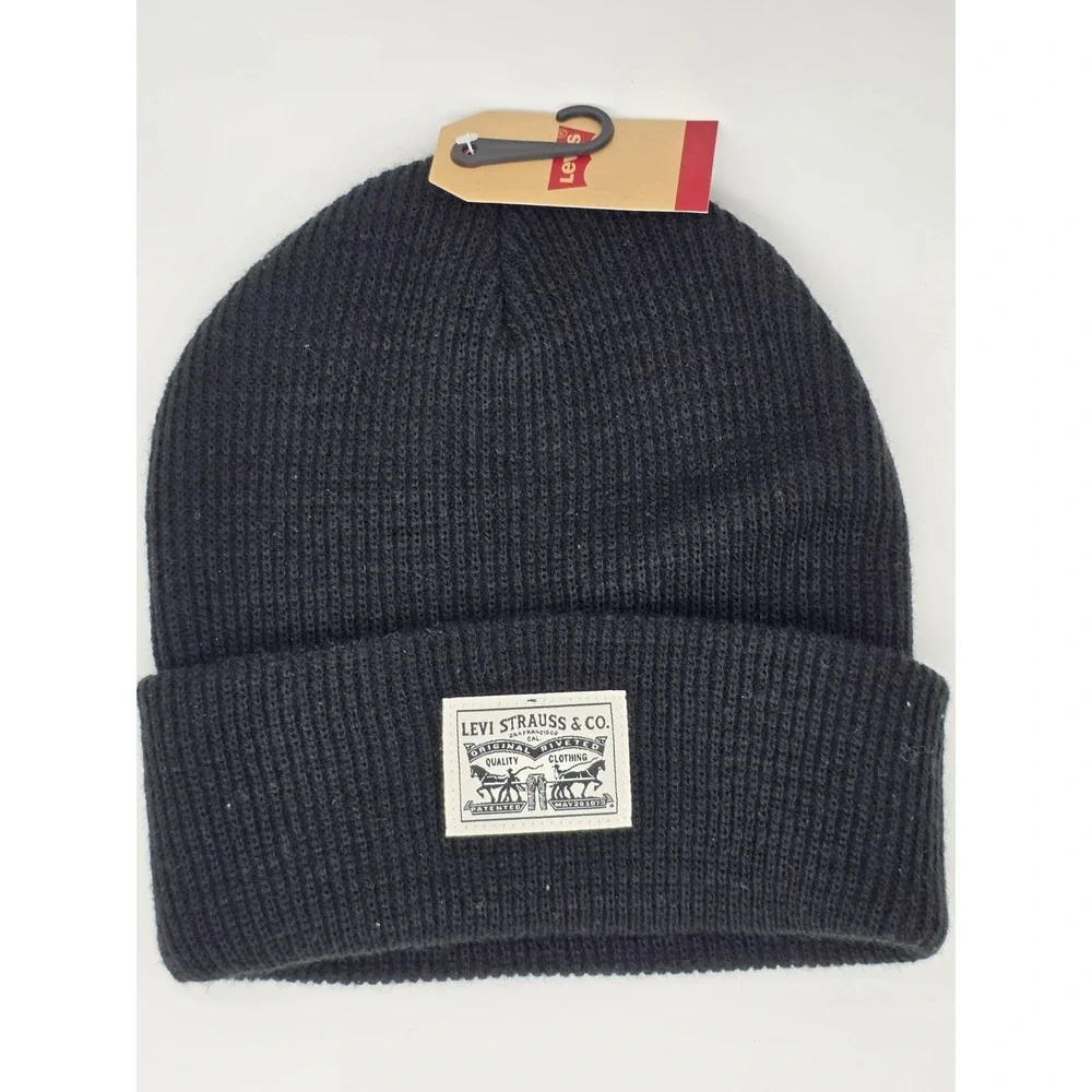 Levi's Beanie Hat 3 Pack Lot 2 Black Ribbed Fold Over Cuff Logo, 1 Gray NWT